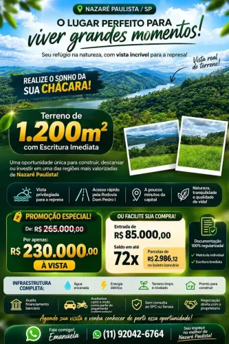 Lote de 1200m² a 800m da Represa! Pronto para Construir!