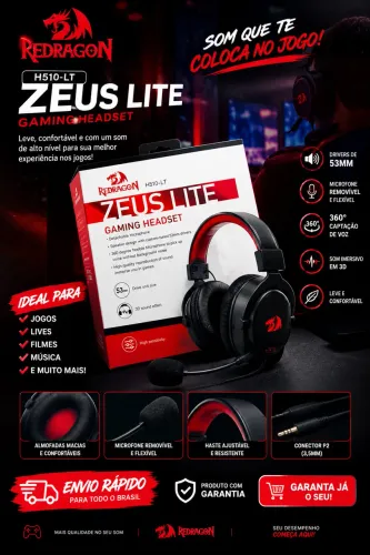 Headset Gamer Redragon Zeus Lite Preto P3 H510-LT