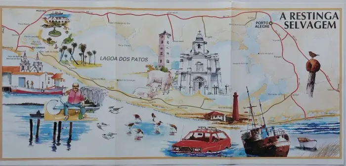Lagoa dos Patos, RS - Mapa/pôster antigo de turismo com ilustrações