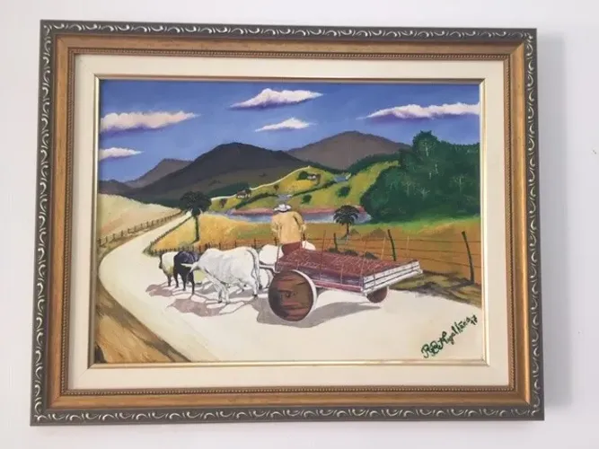 Linda Pintura Óleo Sobre Tela com Moldura - 50x40 - "Carro de Boi"