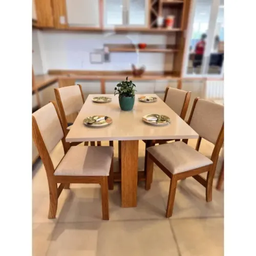 Mesa 4 Cadeiras Magic Mel/Blonde com 4 Cadeiras Sol Linho Bronze