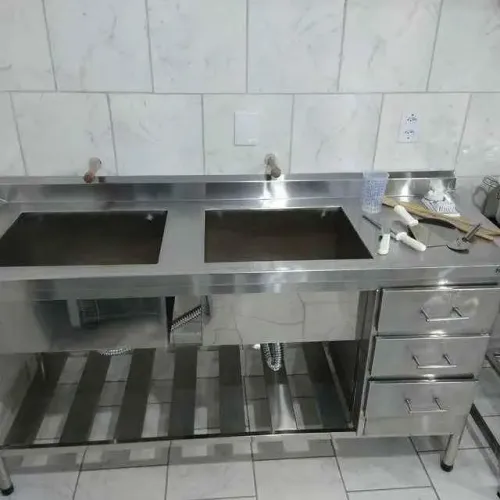 Pia balcão inox 1,90M com 2 cubas e 3 gavetas - Marcos