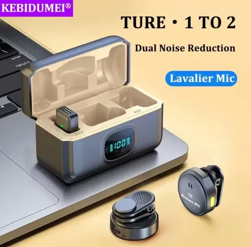 Microfone Lapela Sem Fio K9 Kebidumei 1 para 2 + Redução de Ruído<br><br><br><br>