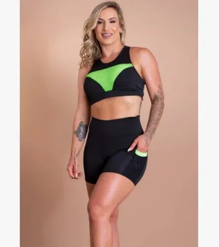 Conjunto Fitness Short Com Bolso E Top com Tela Treino Academia Treino Caminhada z1366