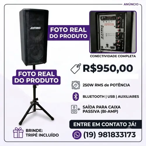 Caixa Ativa Amplificada de som Semi-nova Falante duplo de 8" 250W Rms - Tripé de Brinde!