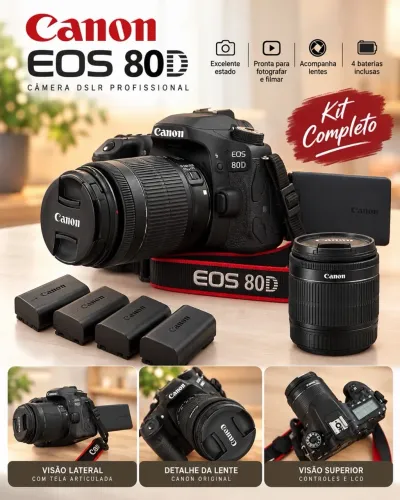 Canon EOS 80D Profissional para Foto e Vídeo + Lente 18-55mm + 4 Baterias