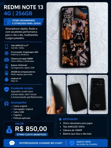 Redmi Note 13 4G - 256 GB - Excelente Estado | R$ 850