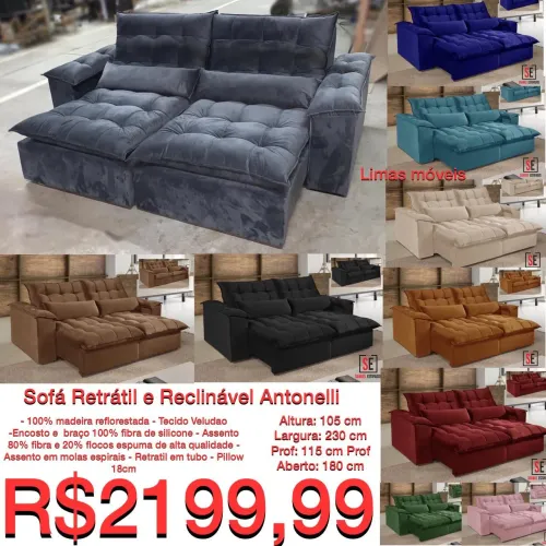 Sofá retrátil reclinável Antonelli veludo 2.30m molas / várias cores / frete grátis
