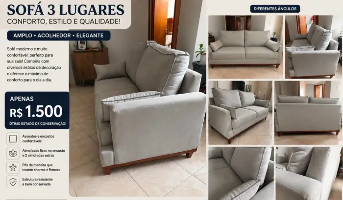 Sofá 3 Lugares KJ Móveis Confortável Excelente Estado