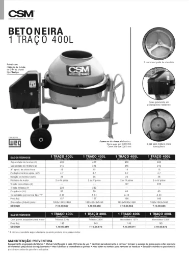 Betoneira CSM 1 Traço 400L - Motor WEG 2 CV (Excelente Estado / Pronta pra Uso)