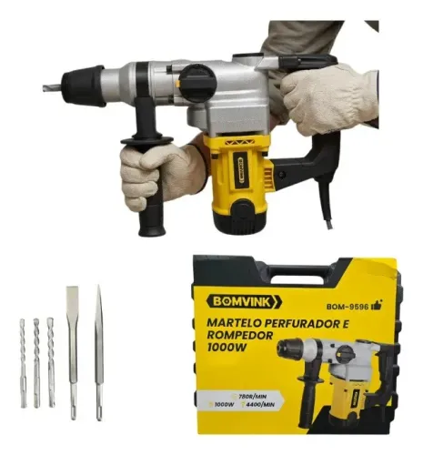 Martelo Martelete Rompedor Perfurador 1000w 127v Bomvink Amarelo maleta e talhadeira