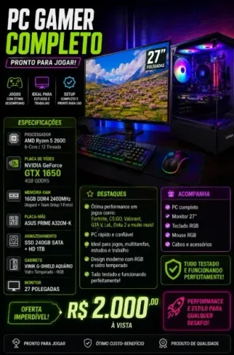 PC Gamer Completo Ryzen 5 + GTX 1650 + Monitor 27" + RGB faço por 1550 para quem vir busca