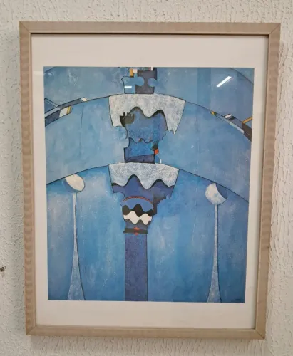 Tela Decorativa Abstrata em Tons de Azul - Com Moldura, Vidro e Eucatex