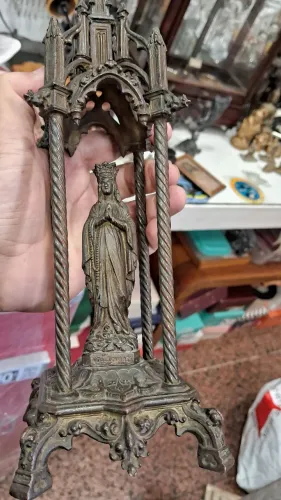 Escultura Europeia Religiosa Antiga em Metal de Nossa Senhora 26 cm