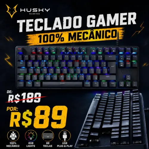 Teclado Gamer 100% Mecânico Husky RGB Preto 88 Teclas USB Para PC e Notebook