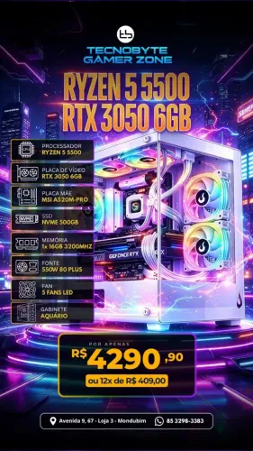 PC Gamer Ryzen 5 5500/ RTX 3050/ 16GB Ram/ NVME 500GB/Gabinete Aquário com 5 Fans LED