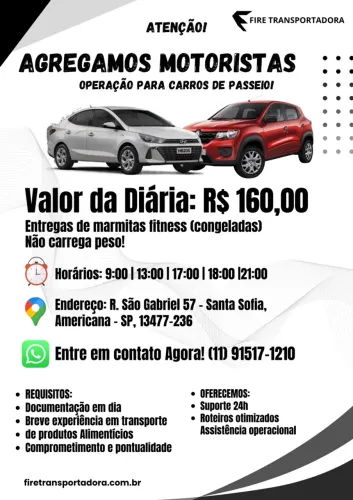 Motorista Agregado com carro de passeio - Americanas/SP - Diária R$ 160