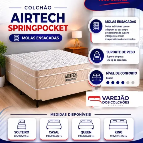 Cama Ortobom, colchão Airtech pocket + base casal.