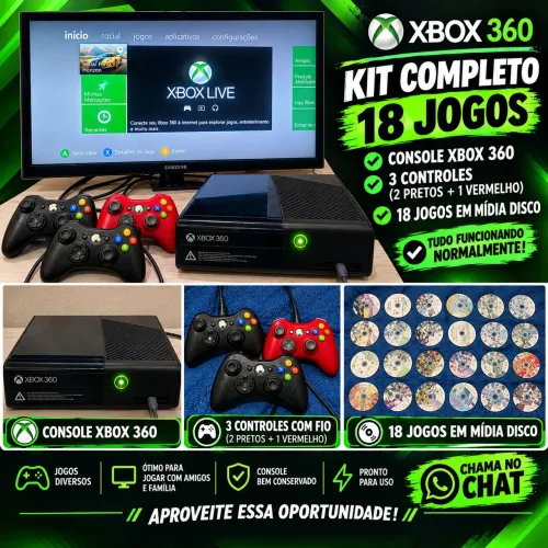 ? Kit Completo Xbox 360 + 18 Jogos + 3 Controles - Oportunidade Única!