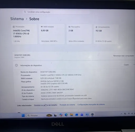 Notebook Dell i7 8 geração