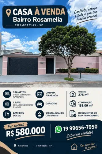 Casa com 3 quartos no bairro Rosamélia em Cosmópolis-SP
