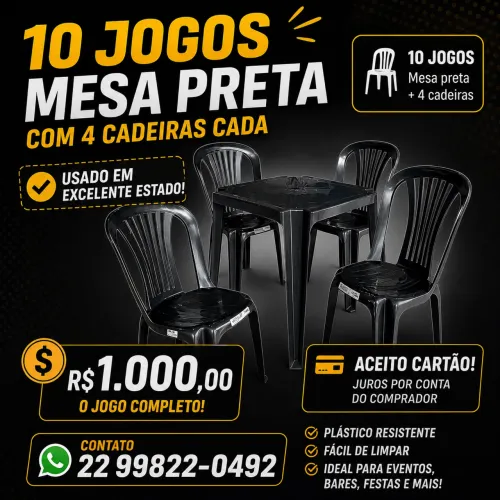 Vende-se 10 jogos de mesa e cadeira de plástico preta