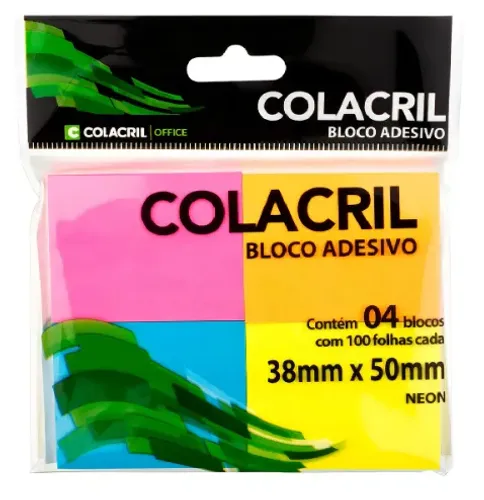 Post-it Neon Bloco Adesivo 38x50mm 04 Cores 100 Folhas