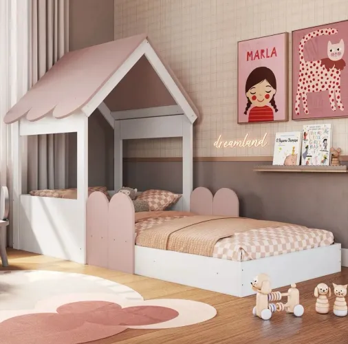 cama montessoriana infantil casinha menina, acompanha colchão espuma D33, (novo)