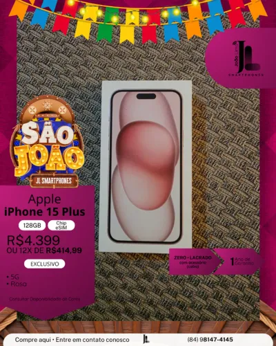 IPHONE 15 PLUS, 5G, 128GB, CHIP ESIM, LACRADO, EXCLUSIVO!