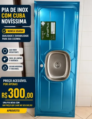 Pia de Inox com estrutura cimentícia, resistente e NOVA - completa com válvula e ralinho