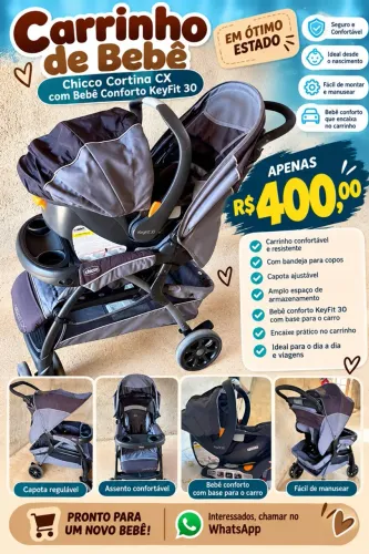 Carrinho de Bebê Chicco Cortina CX + Bebê Conforto KeyFit 30 com Base