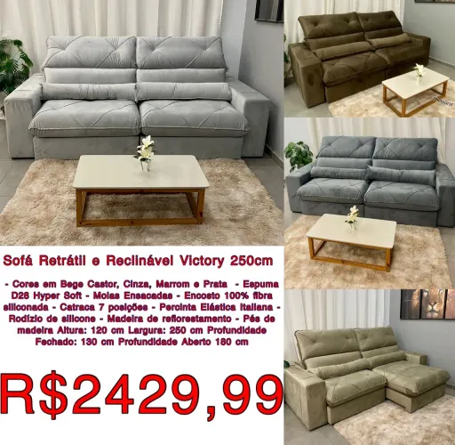 Sofá retrátil e reclinável 2.50m Victory Veludo molas ensacadas / frete grátis