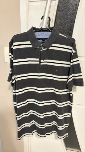 Polo Tommy Hilfiger Listrada Cinza Vintage Oversized