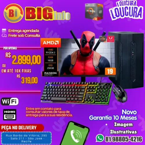 Computador Ryzen 3 3200g, 16gb Ram, SSD 240 Gb Vega 8 Monitor 19 Led Gabinete Aquario