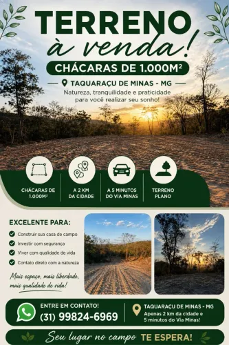 Oportunidade! Chácaras 1.000 m² - 2km da cidade - Taquaraçu de Minas
