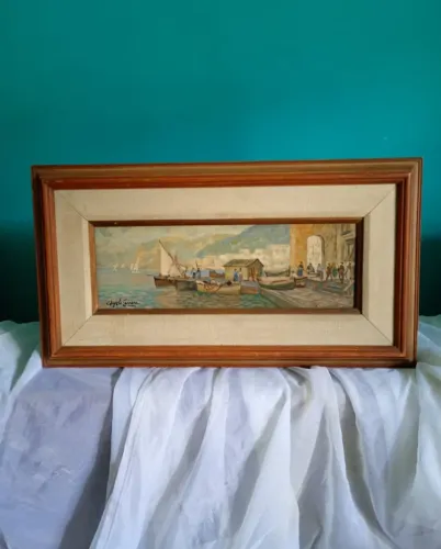 Antigo quadro com moldura - óleo sobre Eucatex - O cais  Artista : Angelo cannone