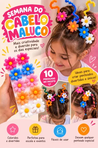 Kit 10 Presilhas de Flores para Cabelo Maluco Infantil Dia das Crianças
