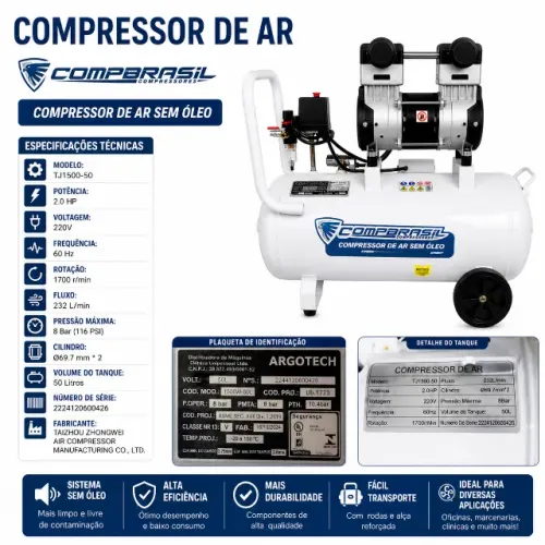 Compressor de Ar Sem Óleo 50L 2HP 220V CompBrasil - Semi Novo