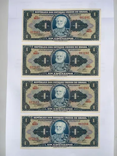 Lote de 4 cédulas de 1 cruzeiro sequenciais 