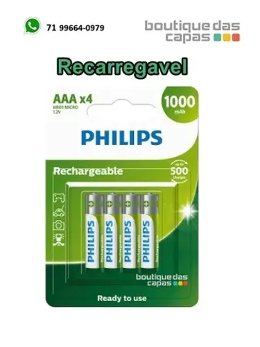 4 Pilhas Recarregável Philips AAA palito, 1000 mAh p controle tv e ar condicionado