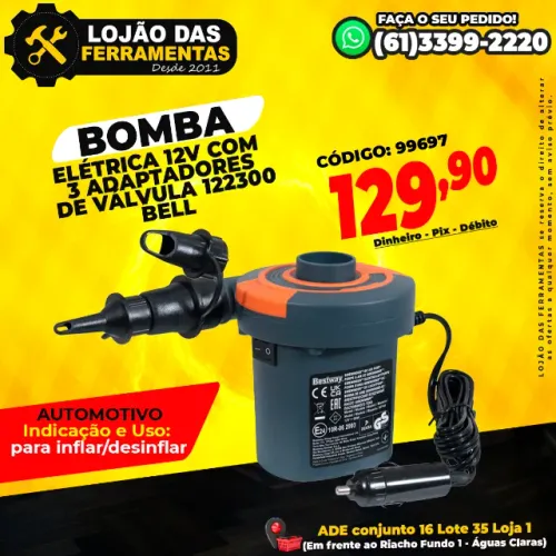 Bomba Elétrica Automotiva 12v Com 3 Adaptadores de Válvula 122300 Bell