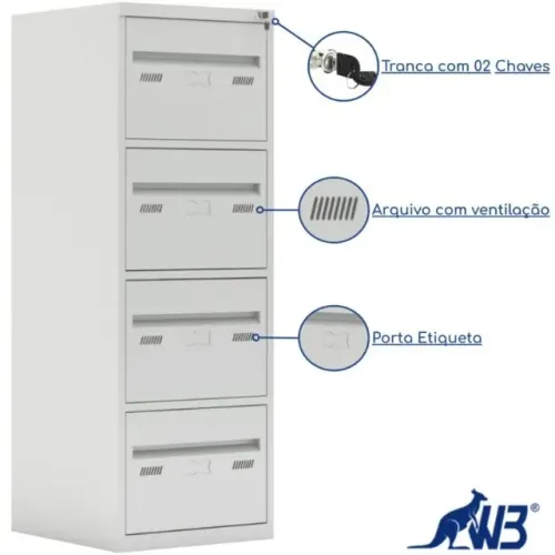 Arquivo de Aço 04 Gav. - CHAPA # 26 - S TRILHO TELESC - (60cm) - 1,33×0,47×0,60m