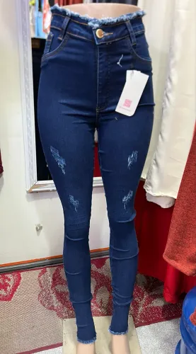 Calça jeans Sal e pimenta desfiada azul escuro elegante e chique do 34 ao 44