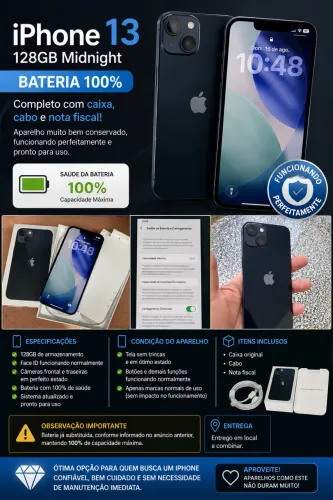 iPhone 13 128GB Midnight - Bateria 100% - Completo com Caixa, cabo e nota fiscal!