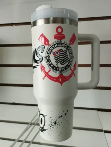 Copo Térmico Corinthians Branco 1L Aço Inox Com Alça Tampa Bebida Quente e Fria
