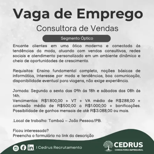 Consultora de Vendas - Segmento Óptico
