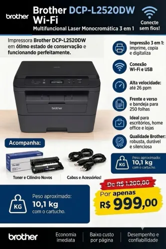 Impressora Brother Wi-fi 3X1 DCP-l2520dw - Ótimo Estado - Toner e Cilindro Novos