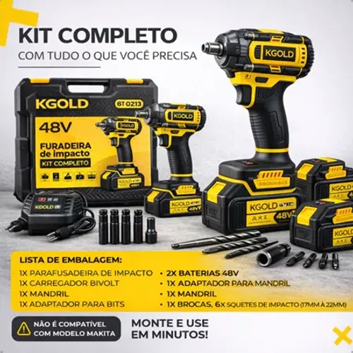 Chave de Impacto Profissional 48V,Alto Torque400N.M - Design Ergonômico, Bateria Lítio, Mo