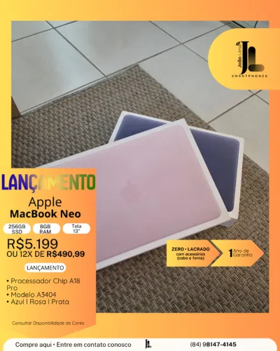 MACBOOK NEO, 256GB, 8GB RAM, TELA 13 POL., LACRADO, LANÇAMENTO!