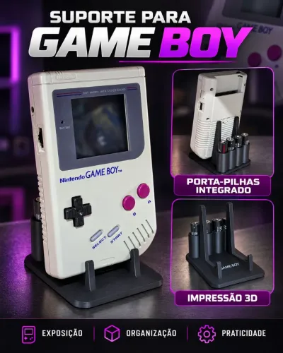 Suporte para Game Boy Clássico com Porta-Pilhas - Impressão 3D